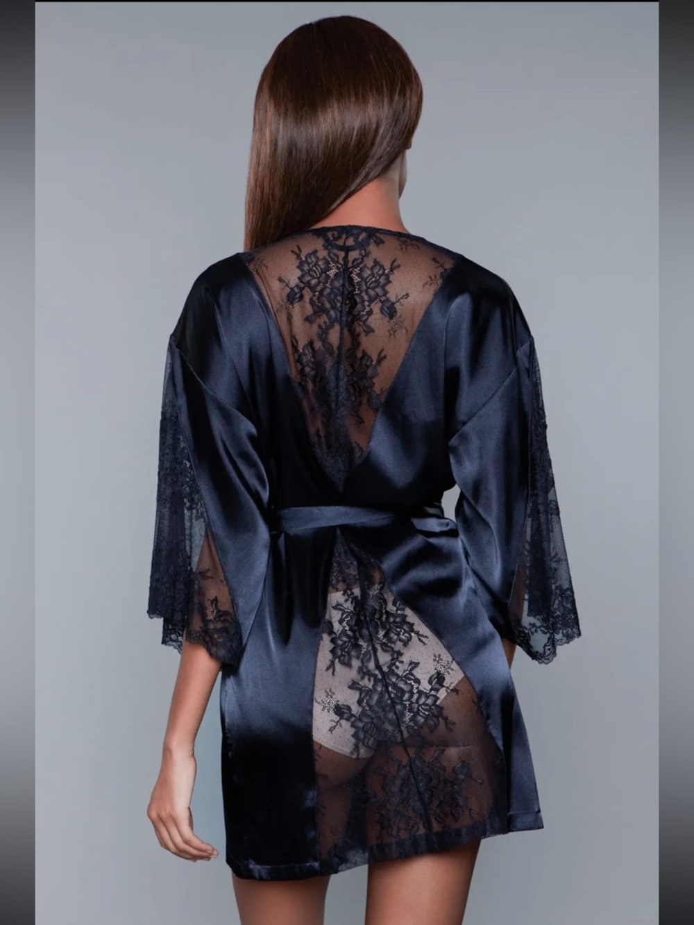 Black Satin Lace-Trim Robe - Elegant Women's Intimates- Plus available